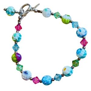 Lucky Clover Bracelet Murano Venetian Glass Beads Pastels Millefiori 925 7"